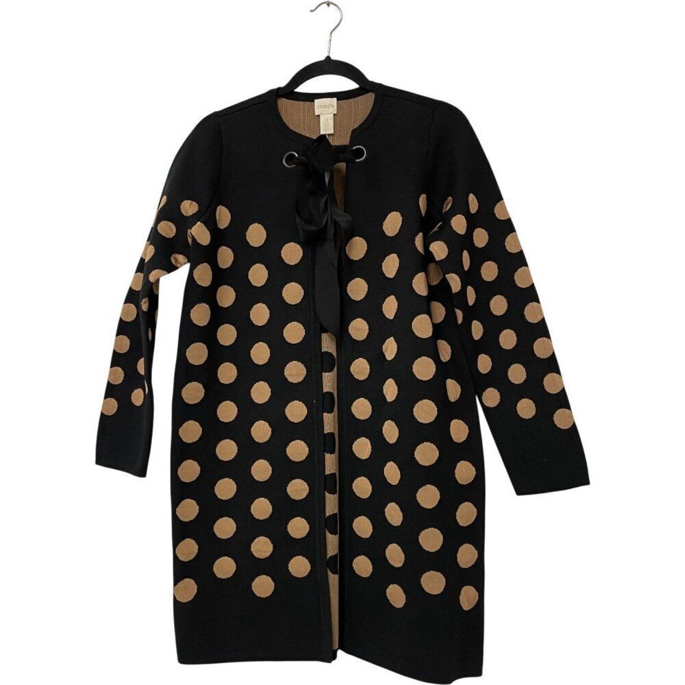 Chicos Womens Millie Cardigan Duster Sweater Size 0 XS Black Tan Polka Dot NWT